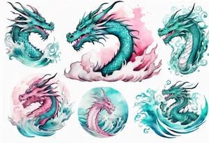 a beautiful turquoise pink and white dragon rising from the waves of the sea with a feminine face tattoo idea