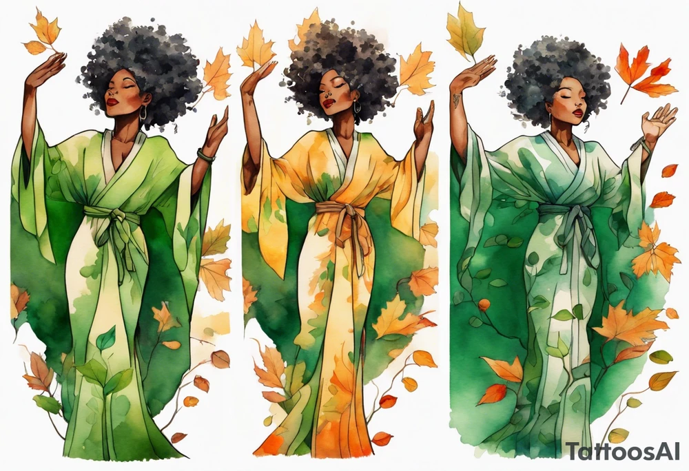 a tree that sprouts into a beautiful black woman wearing a green robe, arms reaching up towards the sun blazing in the sky, autumn leaves in her hair tattoo idea