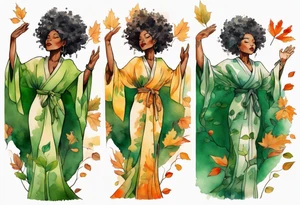 a tree that sprouts into a beautiful black woman wearing a green robe, arms reaching up towards the sun blazing in the sky, autumn leaves in her hair tattoo idea