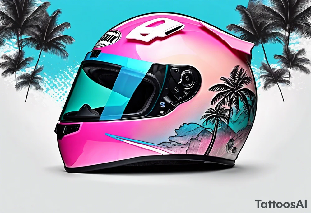 Formula 1 helment with a palm tree and black pink and light blue color tattoo idea