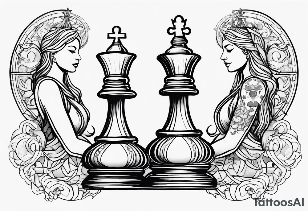chess queen piece contour with two pawns on her side with spiritual patterns around tattoo idea