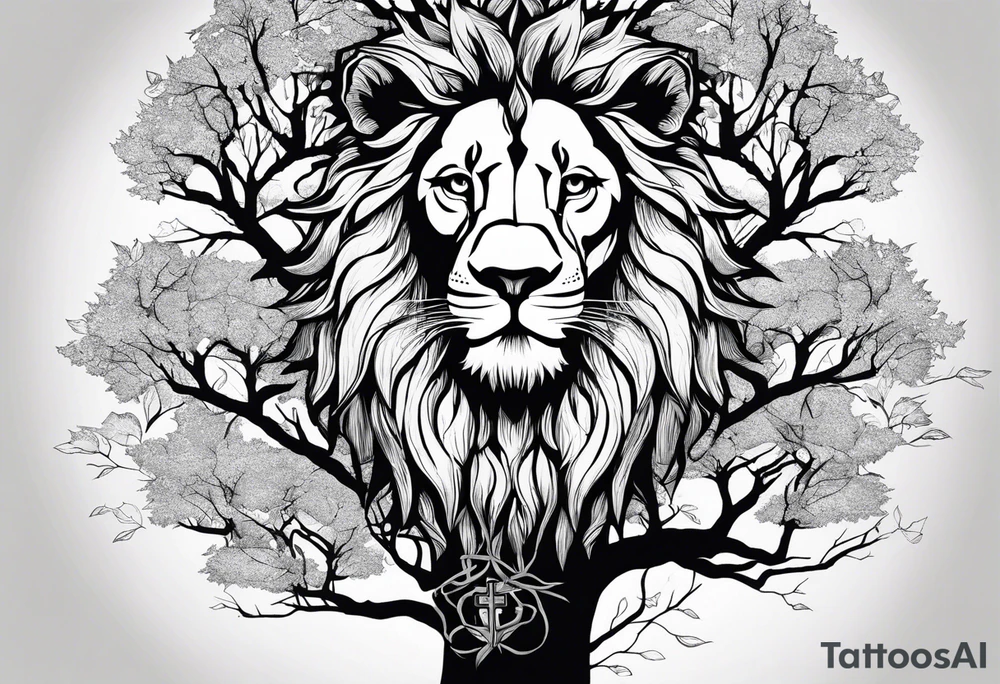 The lion of Judah, which is Jesus Christ, is tied and intertwined within a maple tree, and a cross as well tattoo idea