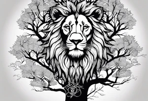 The lion of Judah, which is Jesus Christ, is tied and intertwined within a maple tree, and a cross as well tattoo idea