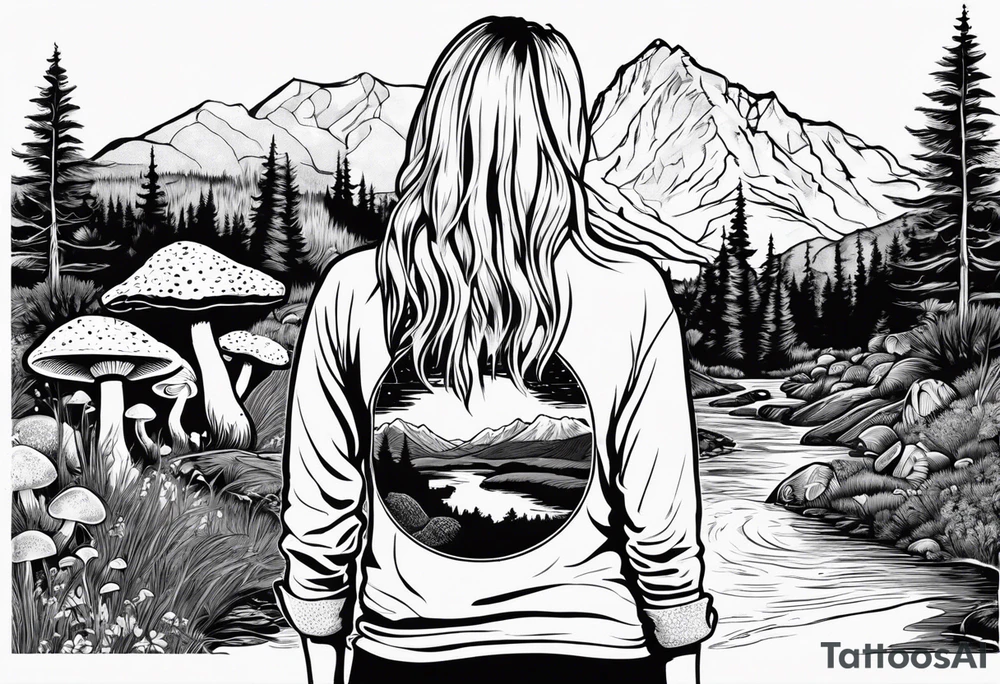 Whole picture encircled fully

Straight long blonde hair hippie girl in distance holding mushrooms in hand facing away toward mountains and creek surrounded by mushrooms long sleeve shirt and hiking pants; whole rendering within a full circle, no cut off circle tattoo idea