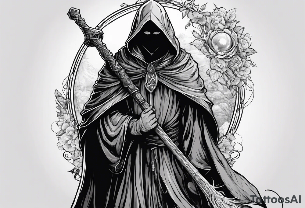 Hooded figure with no face carrying wooden staff with gem on top and wearing a long tattered cloak tattoo idea