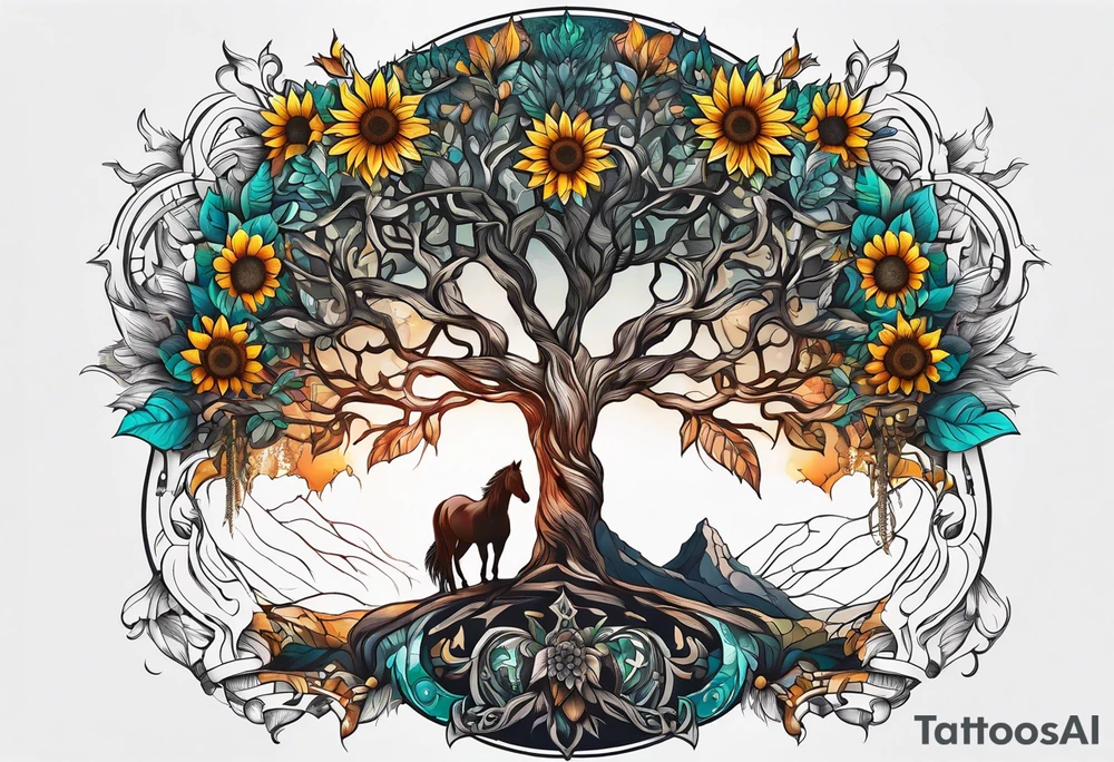 Yggdrasil tree, horse, sunflower tattoo idea