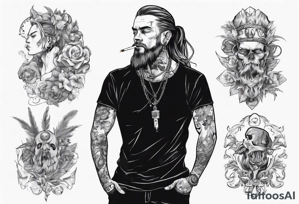 A man standing full-length, with long hair in a ponytail, no beard, smoking a cigarette, with earrings in his ears, no headgear tattoo idea