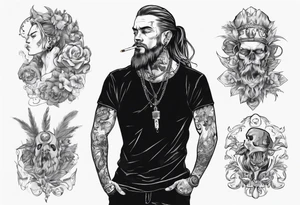 A man standing full-length, with long hair in a ponytail, no beard, smoking a cigarette, with earrings in his ears, no headgear tattoo idea
