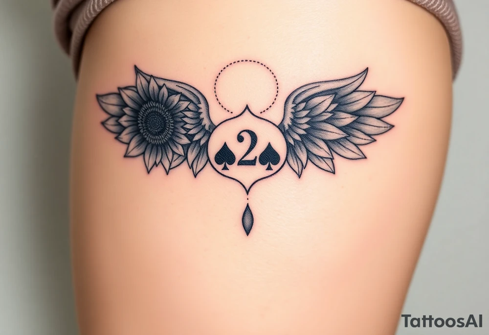 sunflower, wings, or halo with a 2 of clubs tattoo idea
