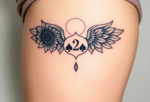 sunflower, wings, or halo with a 2 of clubs tattoo idea