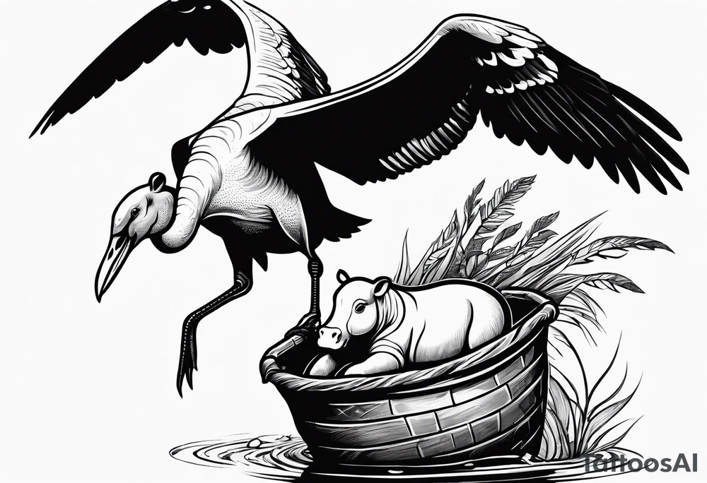 Stork flying and carrying baby hippo in sack tattoo idea