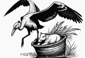 Stork flying and carrying baby hippo in sack tattoo idea
