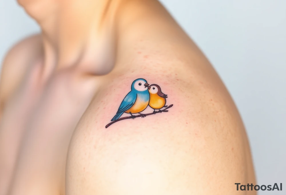 A mother and baby bird perched on a branch, with soft watercolor strokes in pastel blue and warm yellow, symbolizing love and guidance tattoo idea