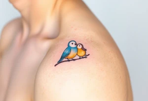 A mother and baby bird perched on a branch, with soft watercolor strokes in pastel blue and warm yellow, symbolizing love and guidance tattoo idea