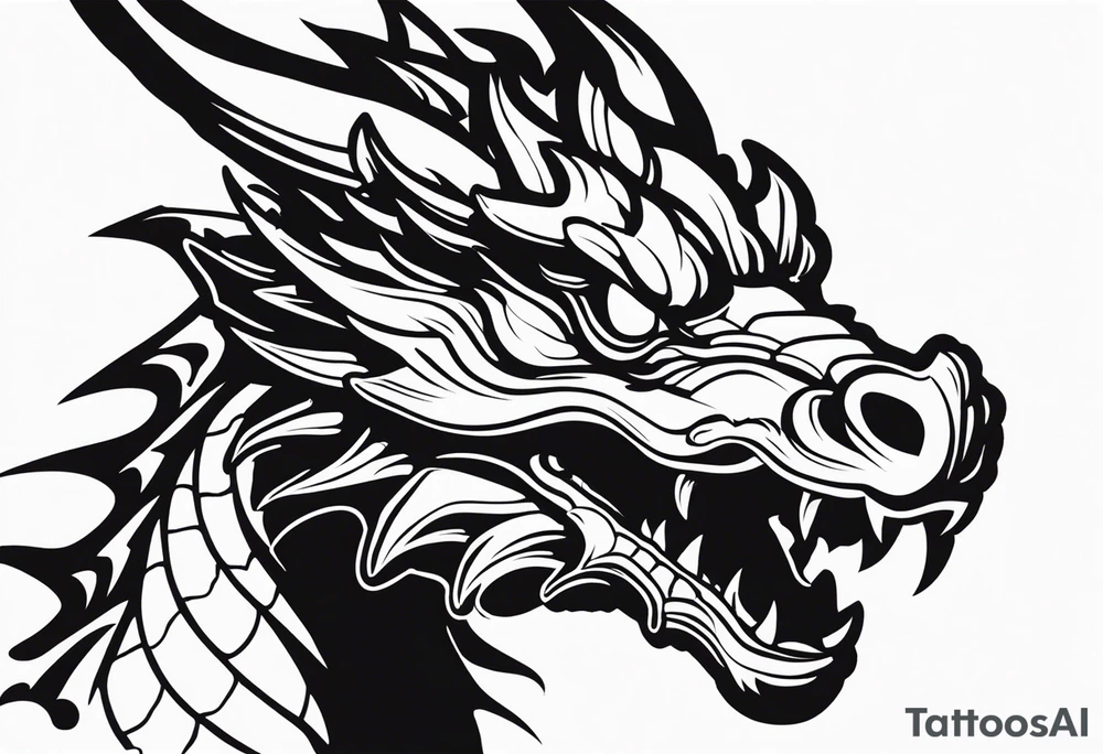 A black-and-white silhouette comic-style medium shot of a dragon with its mouth open wide, revealing sharp teeth. The dragon's head is outlined in solid black, with the sharp contours of its mouth and teeth emphasized. Its eyes are hollow and bold, creating a dramatic contrast. The dragon is depicted breathing fire, which is also in solid black, extending towards a distant city with tall buildings represented by simple, angular shapes in silhouette form. The background is blurred, consisting of soft abstract shapes and a stark white space, giving the scene depth and focus on the dragon and the fiery breath. tattoo idea