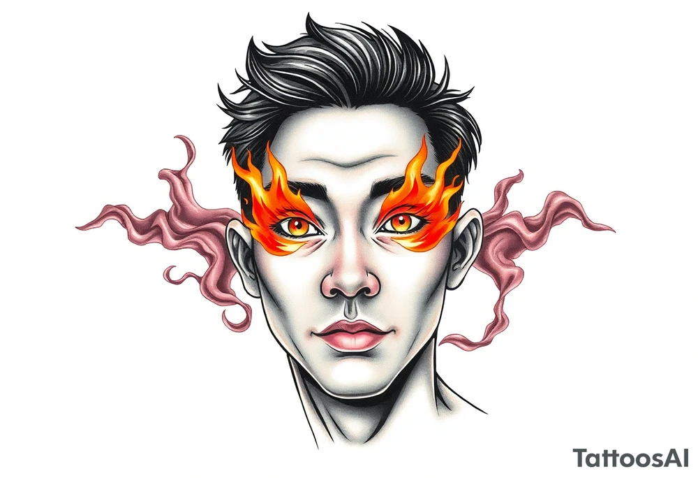 Handsome Asian young guy with burning eyes tattoo idea