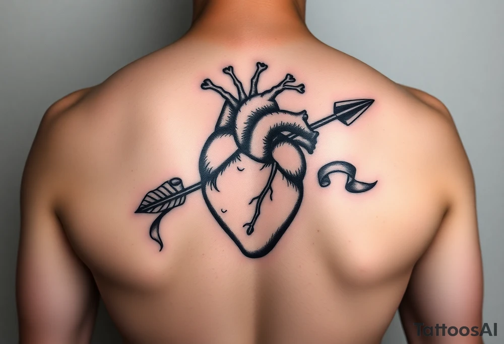 anatomical heart pierced by ornate arrow with flowing ribbons tattoo idea