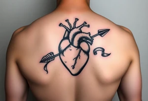 anatomical heart pierced by ornate arrow with flowing ribbons tattoo idea