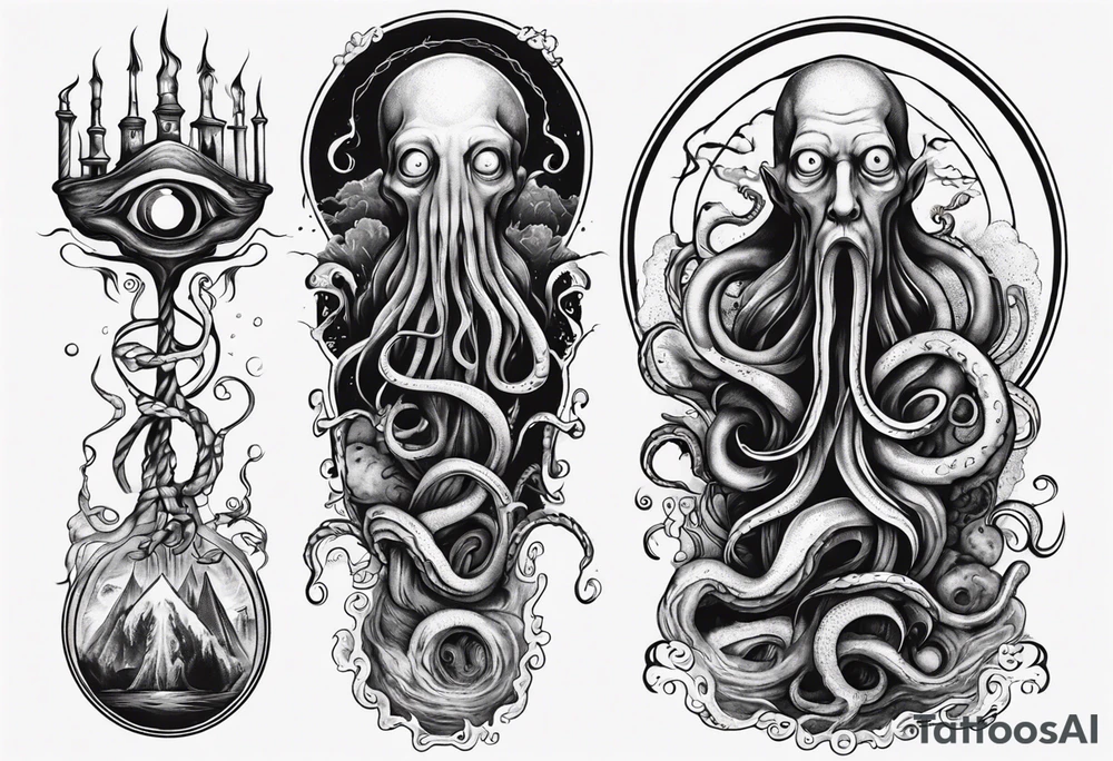 lovecraft long tattoo to put on the forearm, with eye and tentacle tattoo idea