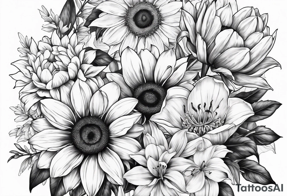 sunflower, lily, peony, cherry blossom and tulip tattoo idea