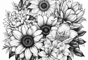sunflower, lily, peony, cherry blossom and tulip tattoo idea