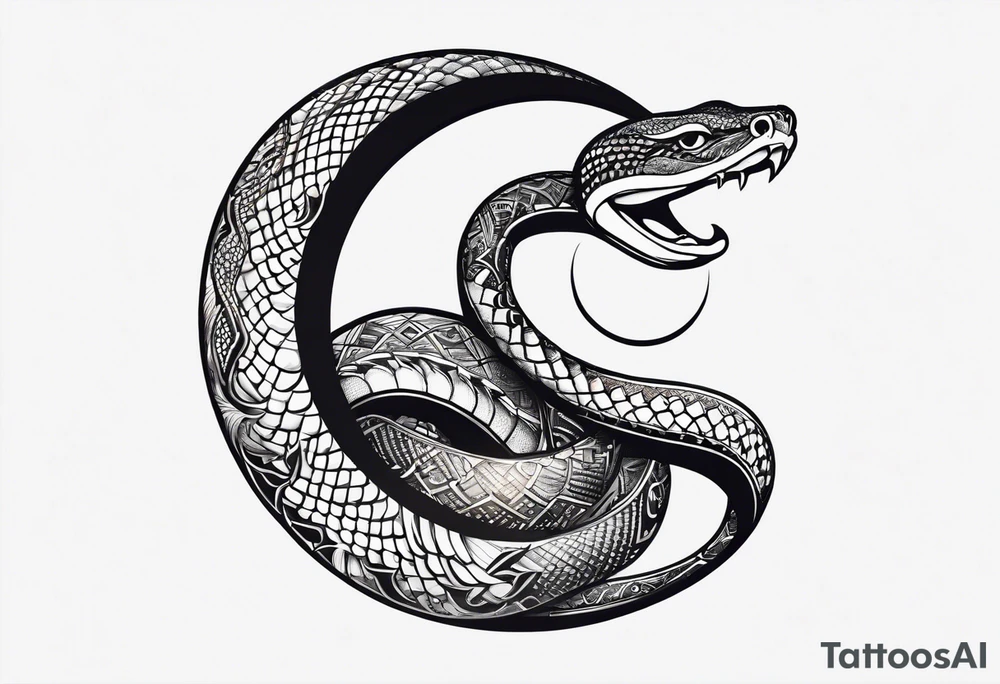 simple snake wrapped around a crescent moon, from bottom up tattoo idea