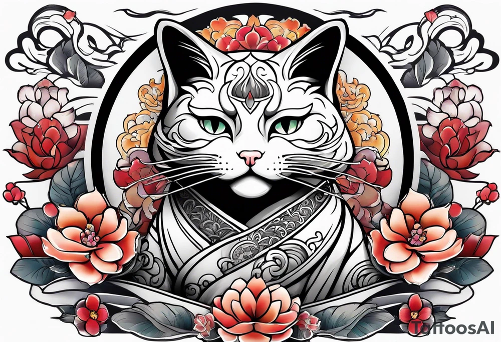 Beckoning cat with other Japanese elements tattoo idea