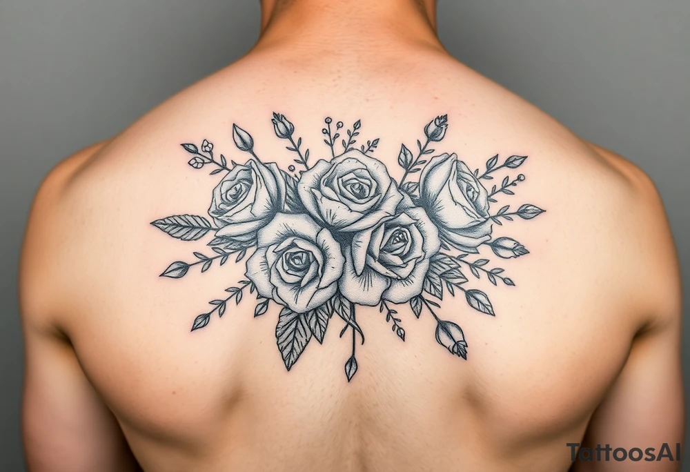 vintage bouquet of wild roses and meadow flowers with morning dew tattoo idea