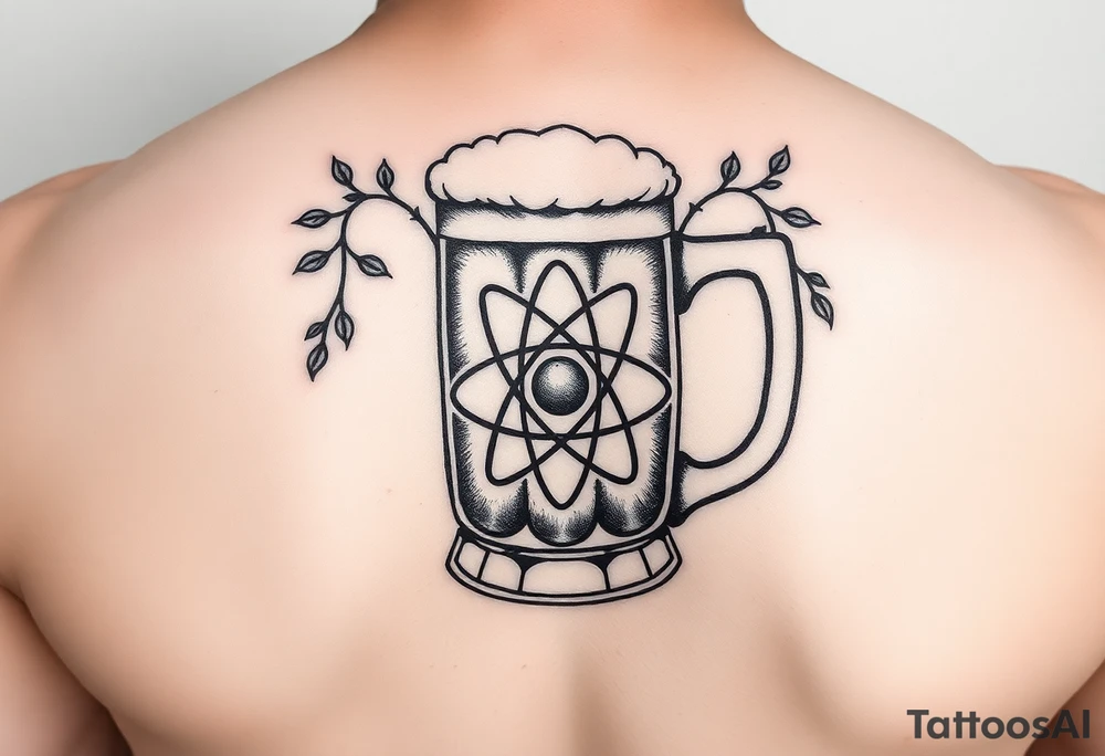 A fine line style German stein in a with an atom in the middle part of the stein and vines around the atom on the stein tattoo idea