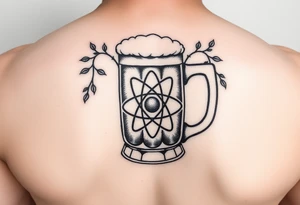 A fine line style German stein in a with an atom in the middle part of the stein and vines around the atom on the stein tattoo idea
