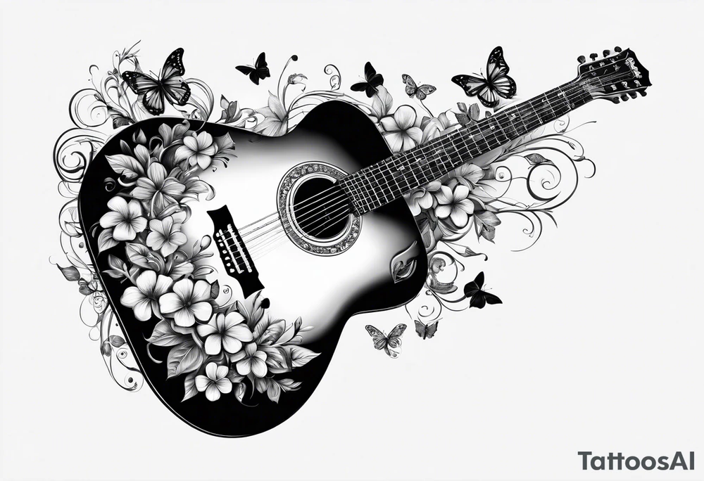 Guitar with flowers growing off the side, butterflies, small tattoo idea