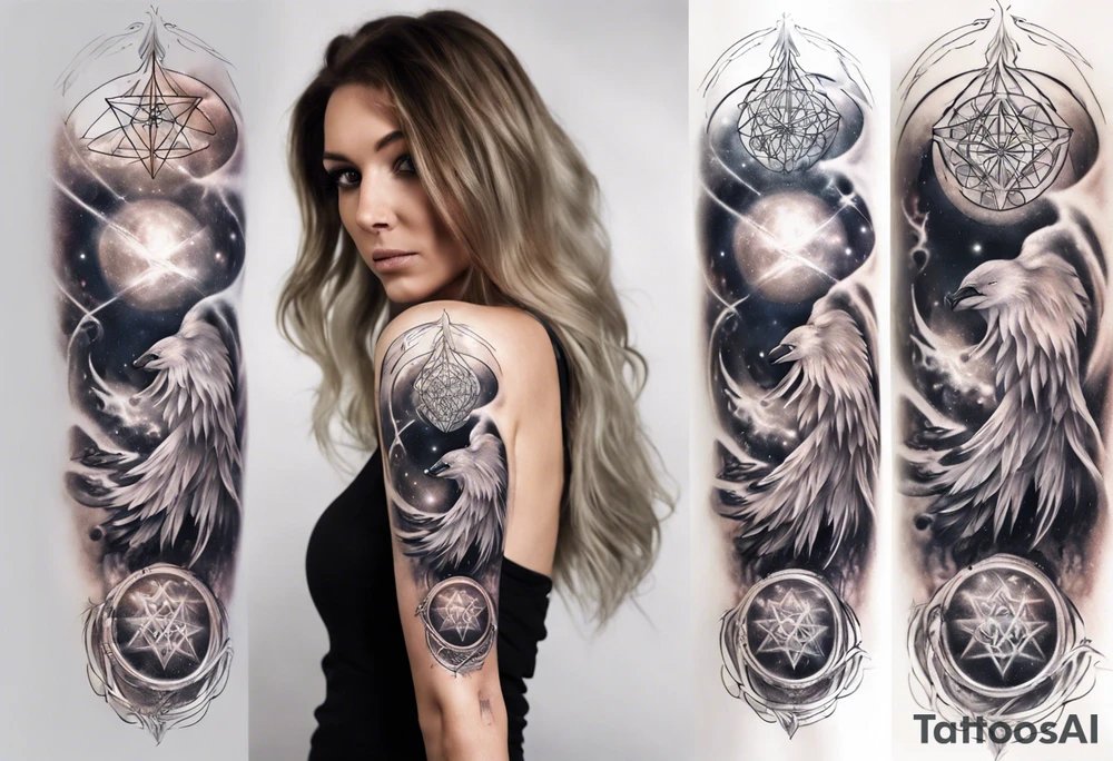 Sleeve tattoo on a woman's arm. Phoenix   with Metatron's cube tattoo idea