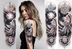 Sleeve tattoo on a woman's arm. Phoenix   with Metatron's cube tattoo idea