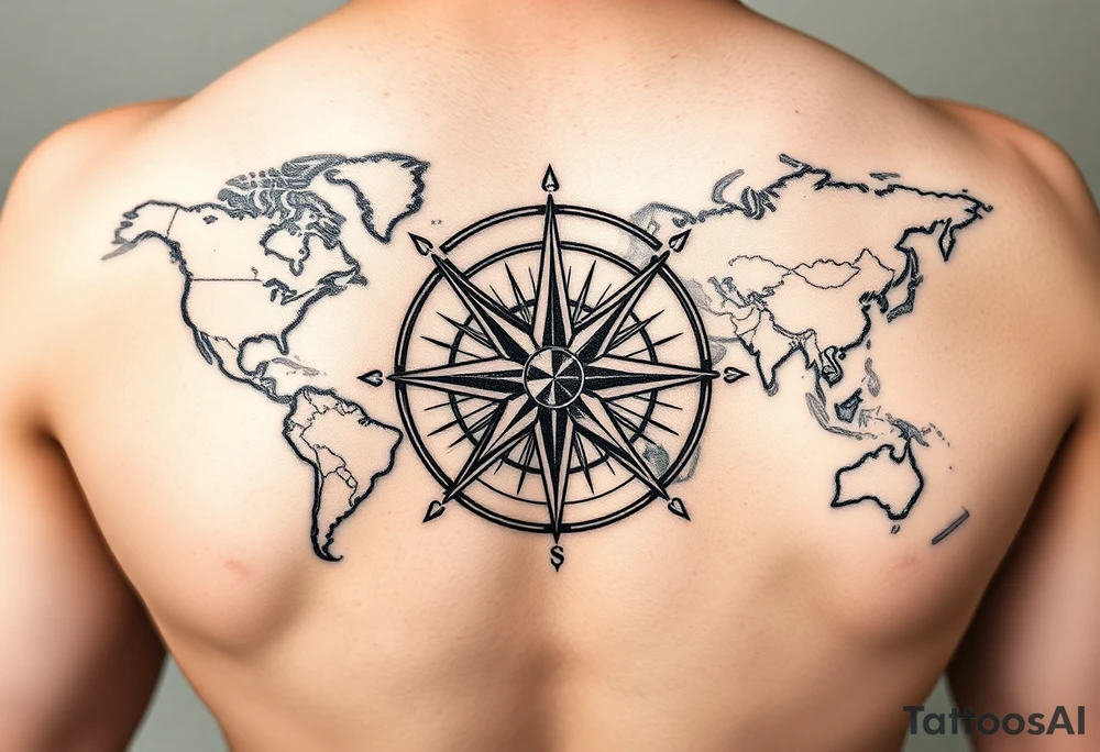 antique compass rose overlaid on weathered world map with sailing ships tattoo idea