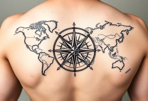 antique compass rose overlaid on weathered world map with sailing ships tattoo idea
