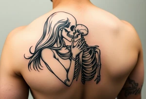 A lady passionately kissing a skeleton tattoo idea