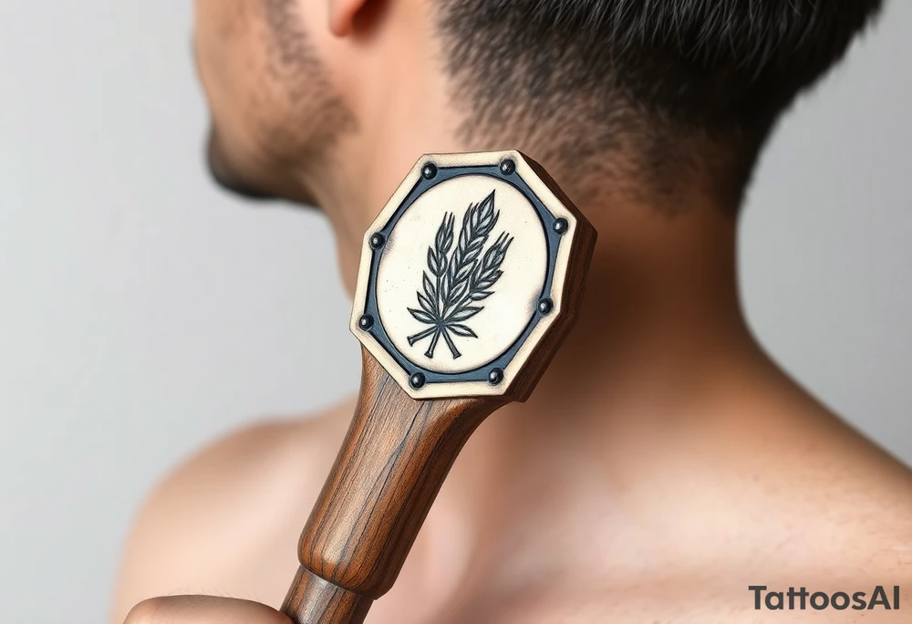 A rustic wooden beer tap handle, featuring a vintage metal plaque with an engraved wheat design tattoo idea