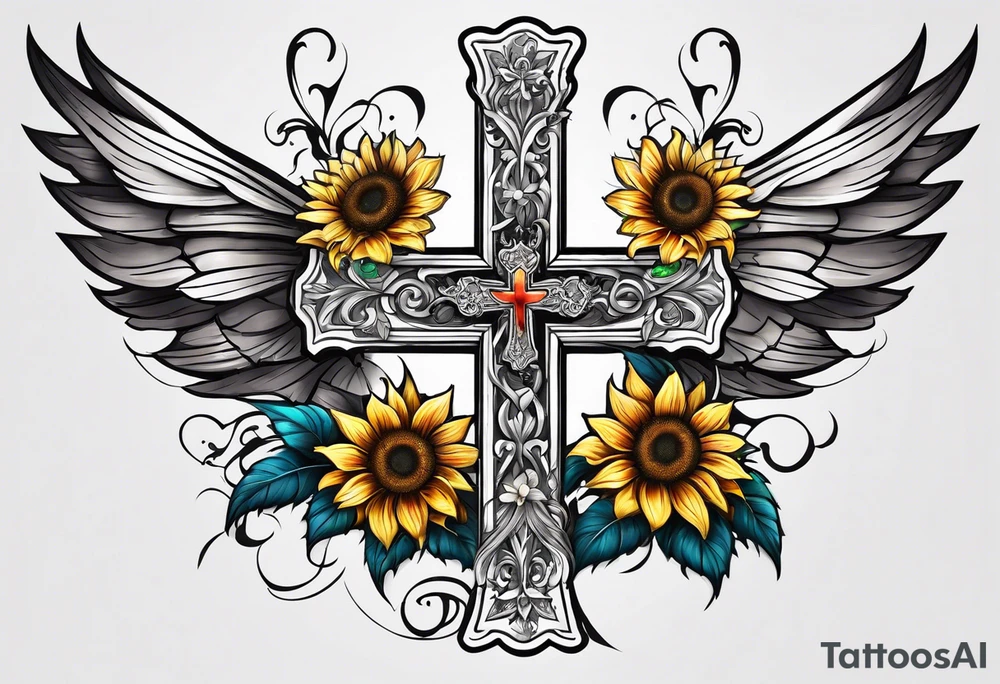 Winged cross with sunflower and butterflies tattoo idea