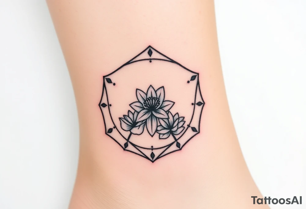 Hexagon with astrological sign for Leo, larkspur and water lilies in the center tattoo idea