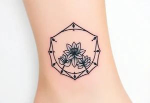 Hexagon with astrological sign for Leo, larkspur and water lilies in the center tattoo idea