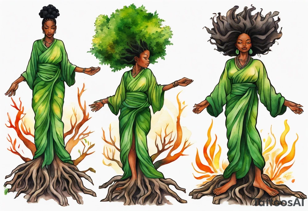 a tree trunk with roots that is a black woman from the waist up, feet made of tree roots, wearing a green tunic, arms stretched upwards towards the blazing sun tattoo idea