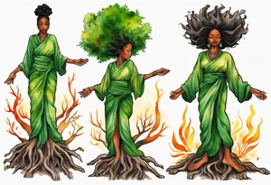 a tree trunk with roots that is a black woman from the waist up, feet made of tree roots, wearing a green tunic, arms stretched upwards towards the blazing sun tattoo idea