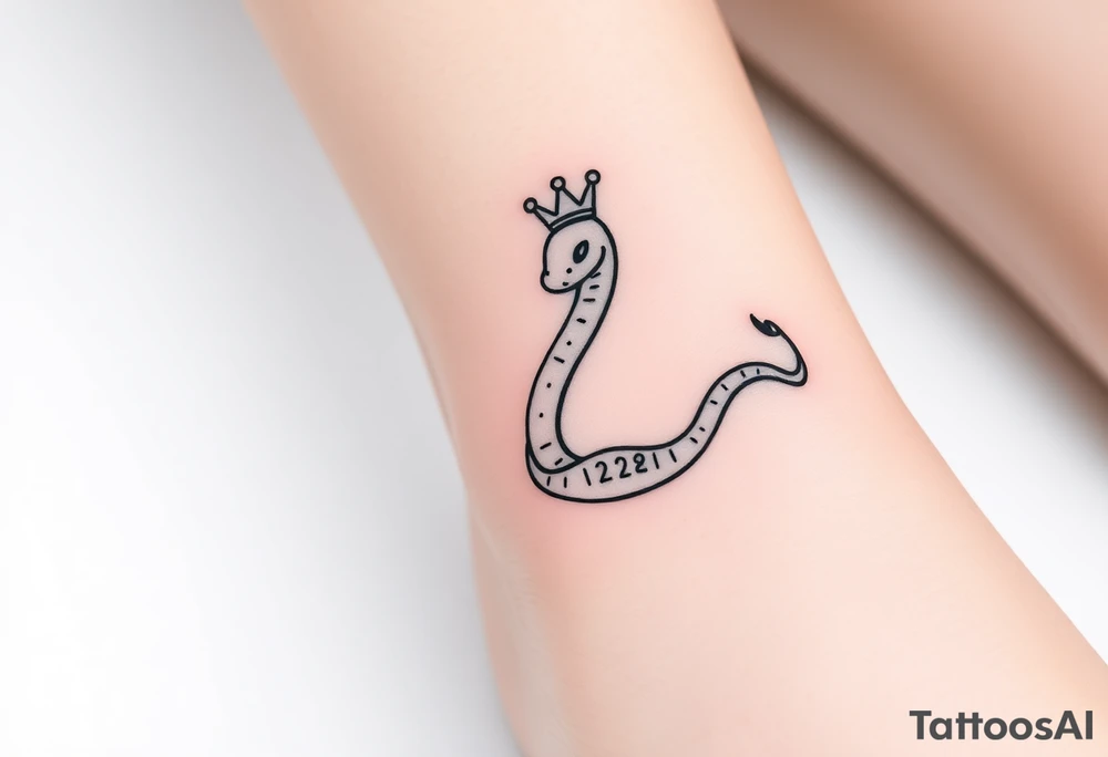 I want a small simple silhouette lines black and white wrist princess like girl snake tattoo that has number 12821 on its body along and also I want it to represent feminine energy crown queen Cycle tattoo idea