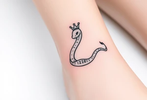 I want a small simple silhouette lines black and white wrist princess like girl snake tattoo that has number 12821 on its body along and also I want it to represent feminine energy crown queen Cycle tattoo idea