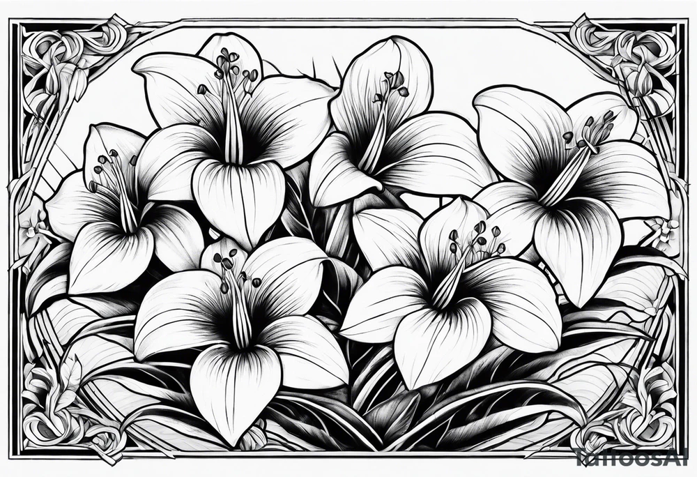 trillium flowers, sword fern, long style tattoo idea