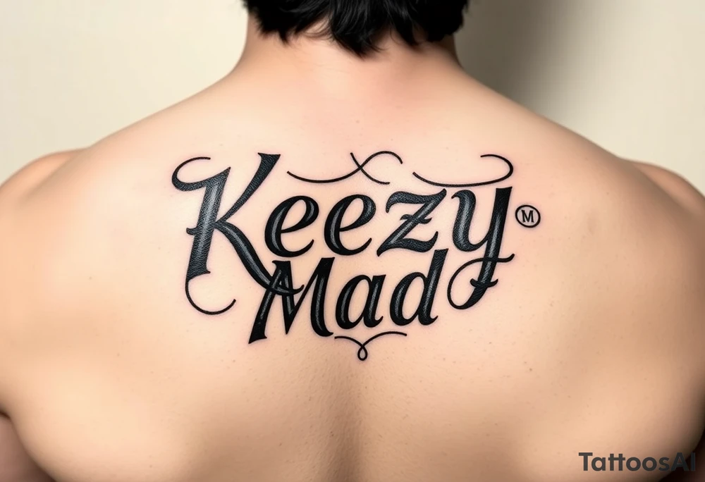 letters only fancy but rugged twisted and intertwined circular arched curvy lettering in a circular  that would be clothing brand style that says (KeezY MadE) almost the the roca wear symbol clothing brand tattoo idea