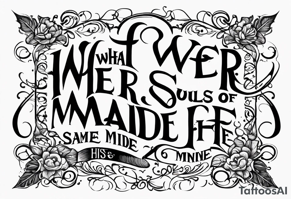 Script lettering saying"What ever our souls are made of, his and mine are the same" gothic tattoo idea