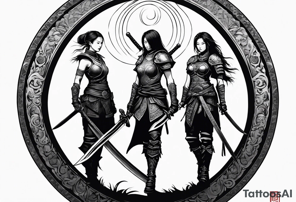 3 female warriors in full body armor wielding dual swords, facing away, in front of a incomplete enso circle tattoo idea