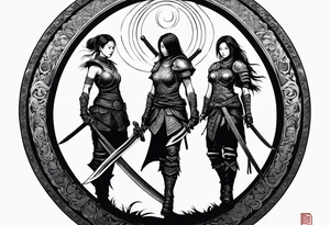3 female warriors in full body armor wielding dual swords, facing away, in front of a incomplete enso circle tattoo idea