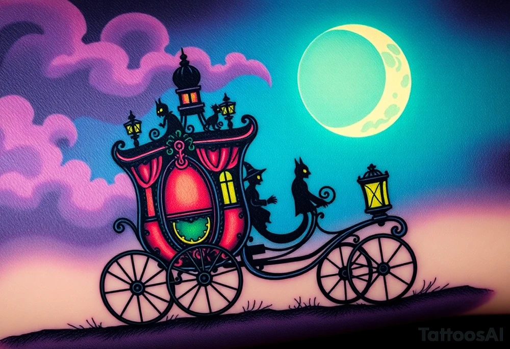 Tim Burton’s haunted victorian carrage is riding in the night and dripping with muted reds, dusty pinks, and eerie green glow.purple and cyan smokey clouds swirl in the crescent moonlit sky thats sprinkled with stars tattoo idea tattoo idea